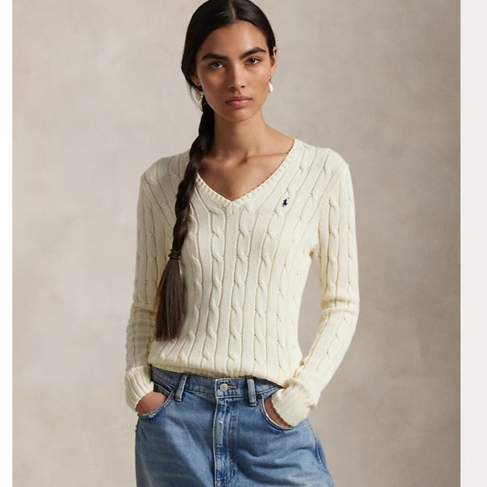 $175 Polo Ralph Lauren GRAY cotton cable knit v-neck sweater